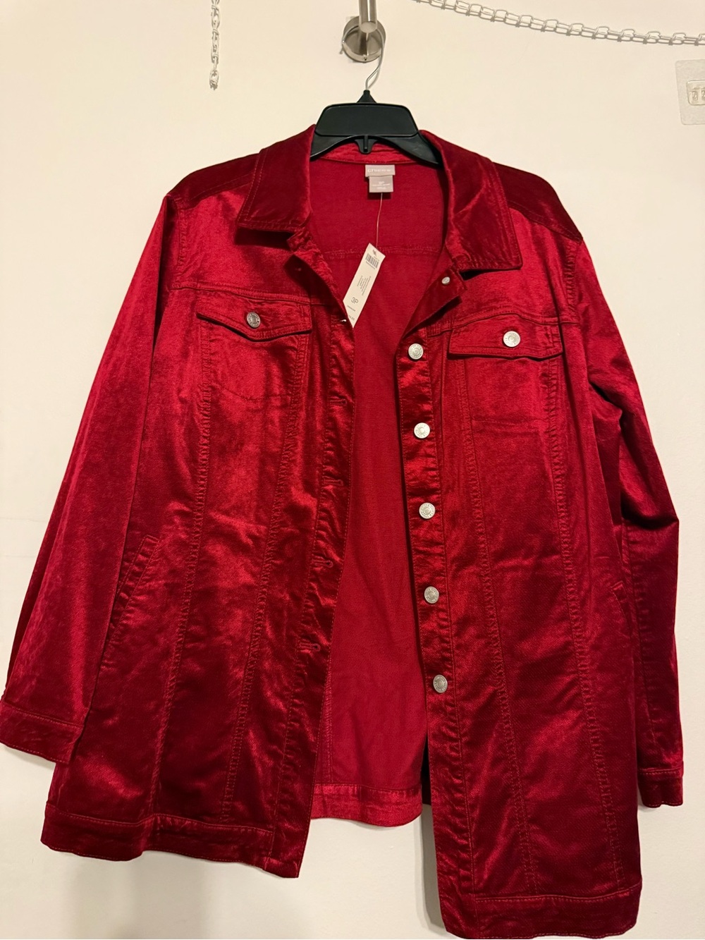 NWT CHICO'S Elongated Classic Velveteen Jacket Red Button Up Stretch Size 3P - Picture 4 of 11